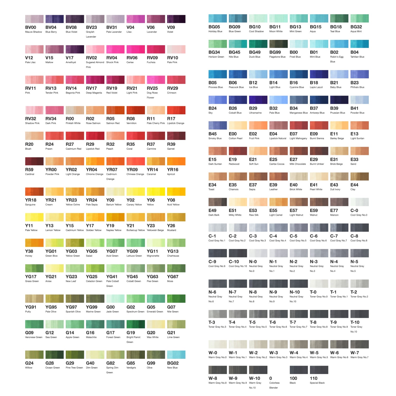 The color chart of the 214 Copic Classic. The colors were selected for design, architecture. Each color is accompanied by its name and code.